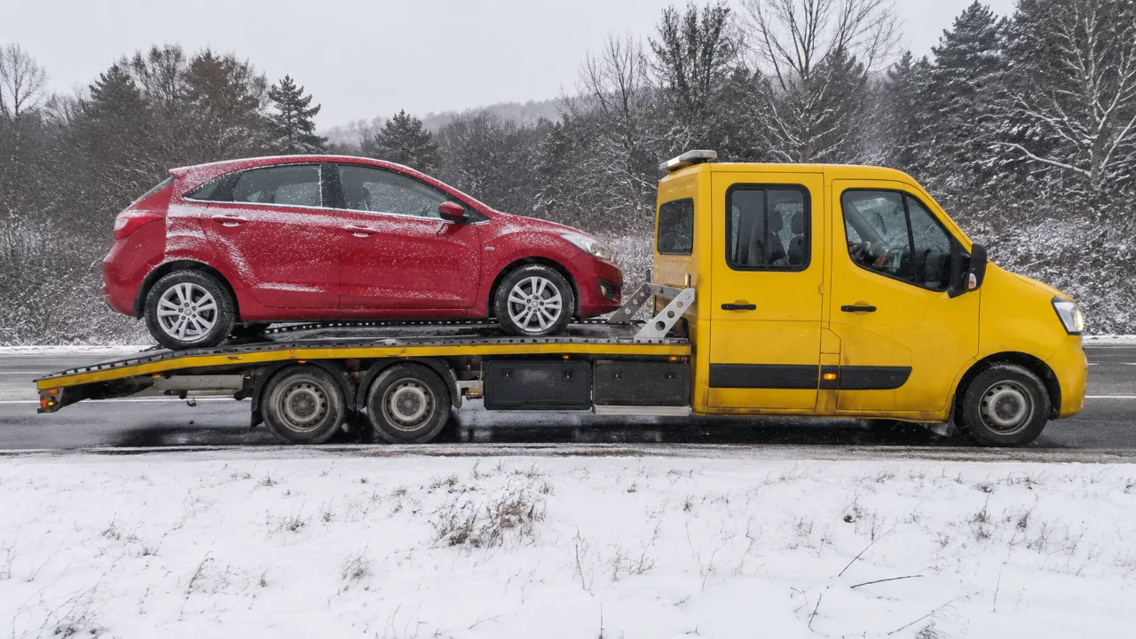 Holowanie czerwonego auta na lawecie zimą – Zgierz